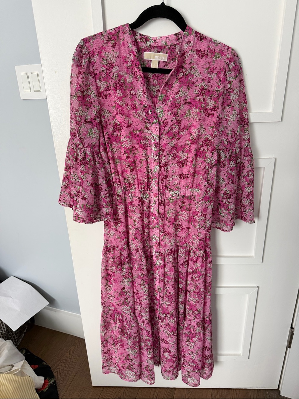 Michael Kors Pink Floral Button-Front Midi Dress